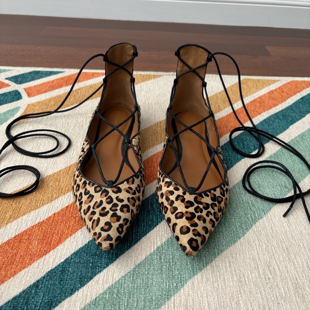 Vintage Zara Faux Fur Leopard Print Lace-Up Flats